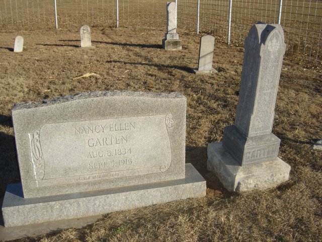 Gravestone for Nancy Ellen Garten

The Forrest City/Garten Cemetery, Barber County, Kansas.

Photo by Nathan Lee.