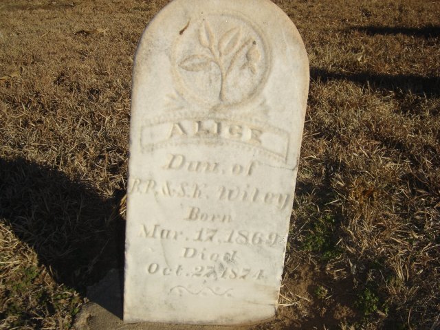 Gravestone for Alice Wiley

The Forrest City/Garten Cemetery, Barber County, Kansas.

Photo by Nathan Lee.