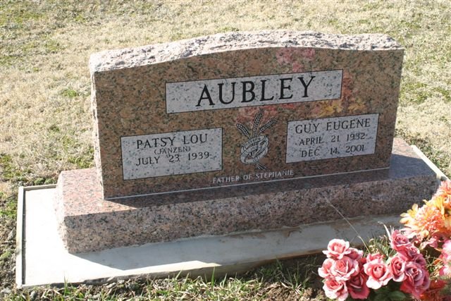 Gravestone for Guy Eugene Aubley and Patsy Lou (Janzen) Aubley.

Mumford Cemetery, Barber County, Kansas.

Photo courtesy of Kim Fowles.