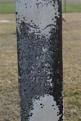 Gravestone for George Clemson Hewitt

Mumford Cemetery, Barber County, Kansas.

Photo courtesy of Kim Fowles.