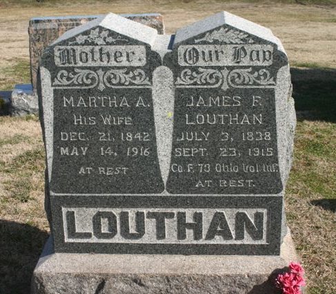 Gravestone for James F. and Martha A. Louthan

Mumford Cemetery, Barber County, Kansas.

Photo courtesy of Kim Fowles.