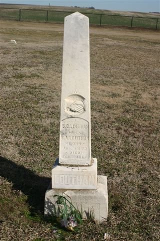 Gravestone for S.C. Louthan, wife of E.A. Louthan

Mumford Cemetery, Barber County, Kansas.

Photo courtesy of Kim Fowles.