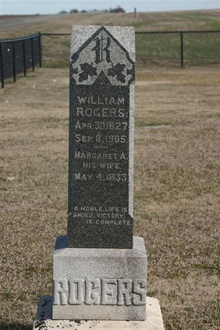 Gravestone for William and Margaret A. Rogers

Mumford Cemetery, Barber County, Kansas.

Photo courtesy of Kim Fowles.