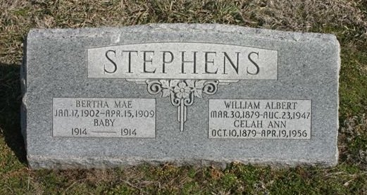 Gravestone for Bertha Mae Stephens, Baby Stephens, William Albert Stephens and Celah Ann Stephens

Mumford Cemetery, Barber County, Kansas.

Photo courtesy of Kim Fowles.