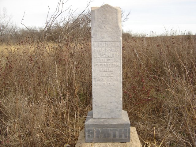 Gravestone for Louisa Smith in the Paddock Cemetery, Barber County, Kansas.

LOUISA
WIFE OF
J. SMITH
DIED
SEPT. 25
1901.
AGE
74 Y. 10 M.
2D.

Photo by Nathan Lee.