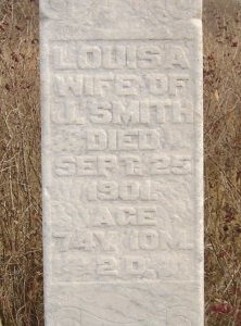 Gravestone for Louisa Smith, Paddock Cemetery, Barber County, Kansas.

LOUISA
WIFE OF
J. SMITH
DIED
SEPT. 25
1901.
AGE
74 Y. 10 M.
2D.

Photo by Nathan Lee.