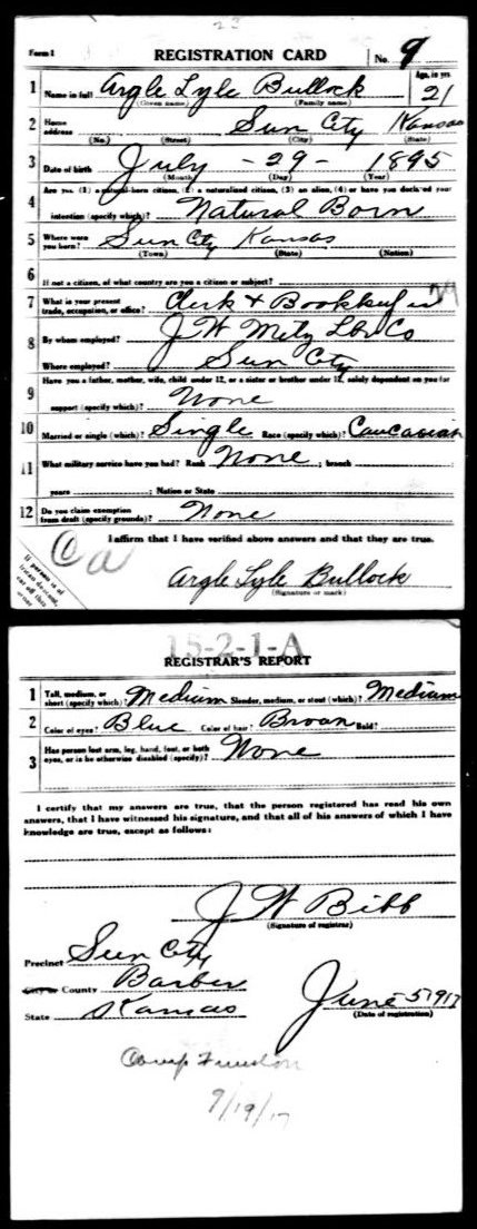 WWI Draft Registration card for Argle Lyle Bullock of Sun City, Barber County, Kansas.