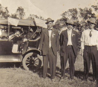 Left to right:  Unknown, Lyle Bullock, Glen McLain (Sun City boy - brother to M.F. McLain).

Caption on back of photo: 'Taken September 19, 1917 in Medicine Lodge. The day the boys left for Camp Funston.'

Photo courtesy of Kim Fowles.