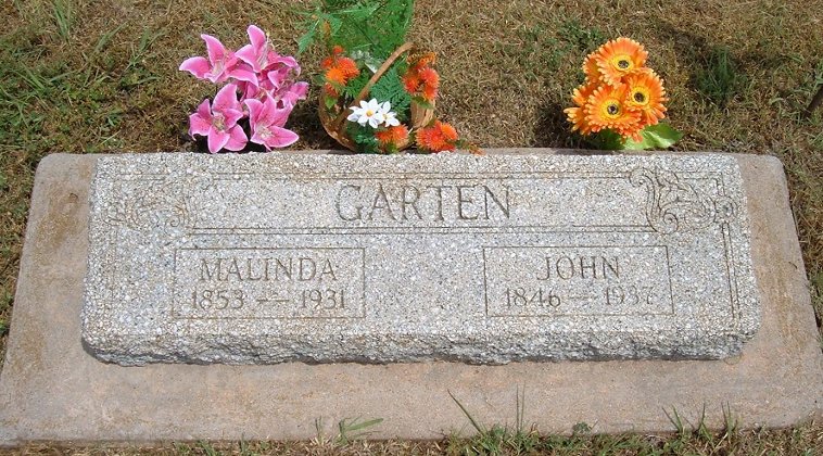 Gravestone for John and Malinda Garten, Sunnyside Cemetery, Sun City, Barber County, Kansas.

Photo courtesy of Bonnie (Garten) Shaffer.