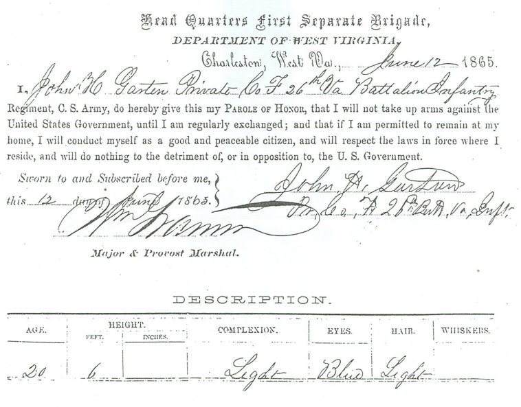 Parole certificate for Confederate Army Veteran John Henry Garten

Courtesy of Bonnie (Garten) Shaffer.