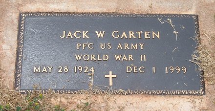 Military grave marker for Pfc. Jack W.  Garten, U.S. Army, World War II.

Sunnyside Cemetery, Sun City, Barber County, Kansas. 

Photo courtesy of Bonnie (Garten) Shaffer.