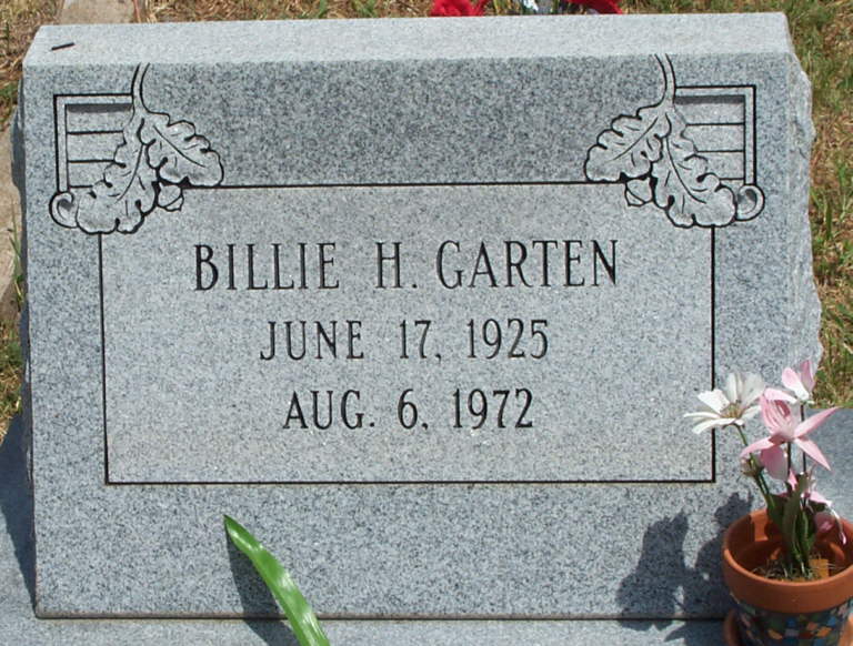 Gravestone for Billie H. Garten, Sunnyside Cemetery, Sun City, Barber County, Kansas.

Photo courtesy of Bonnie (Garten) Shaffer.