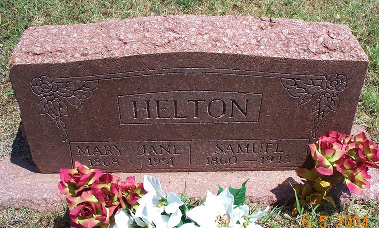 Left to right: Grave stone for Samuel and Mary Jane (Cliff) Helton, Sunnyside Cemetery, Sun City, Barber County, Kansas.

Photo courtesy of Kim Fowles.