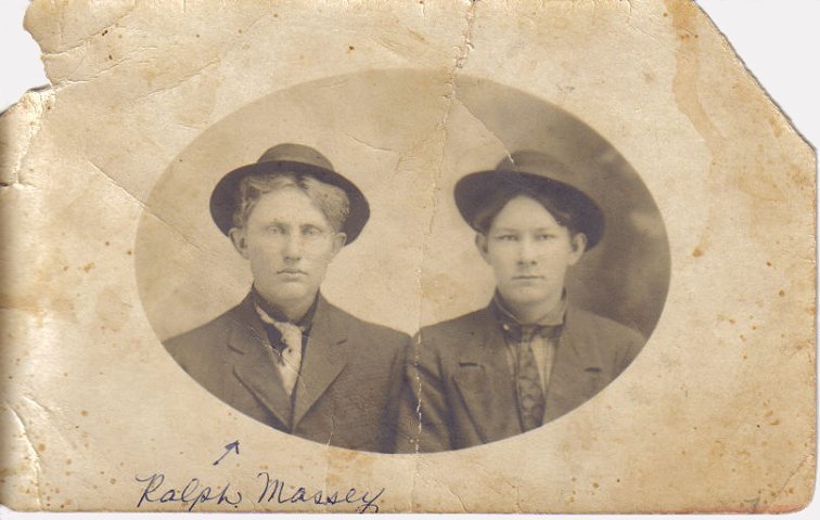 Ralph Massey (at left) and a friend of his from Hutchinson.  He attended business college in Hutchinson.

Photo from the collection of Brenda McLain, courtesy of Kim Fowles.