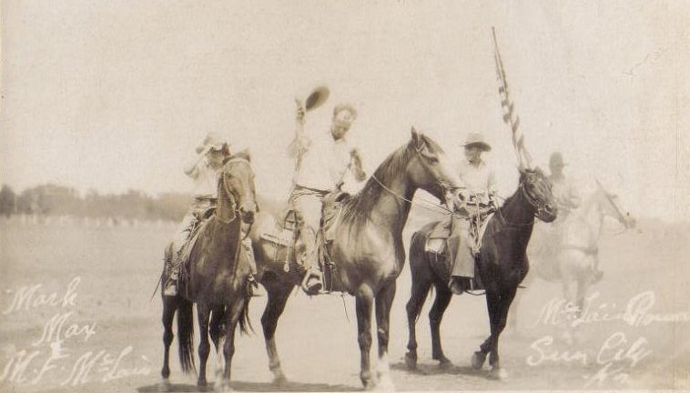 Marion Francis McLain at the McLain Roundup at Sun City, Kansas, with his sons: Mark, at left, and Max, at right.