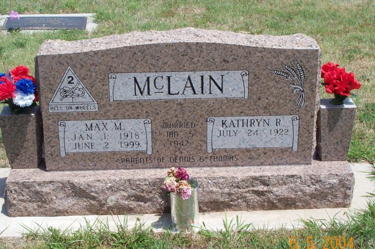 Gravestone for Max & Kathryn McLain, Sunnyside Cemetery, Sun City, Barber County, Kansas.

Photo courtesy of Kim Fowles.