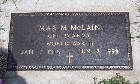 Bronze military grave marker for Max McLain, Sunnyside Cemetery, Sun City, Barber County, Kansas.

Photo courtesy of Kim Fowles.