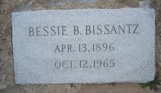 Gravestone for Bessie B. Bissantz.

Sunnyside Cemetery, Sun City, Barber County, Kansas.

Photo by Nathan Lee.