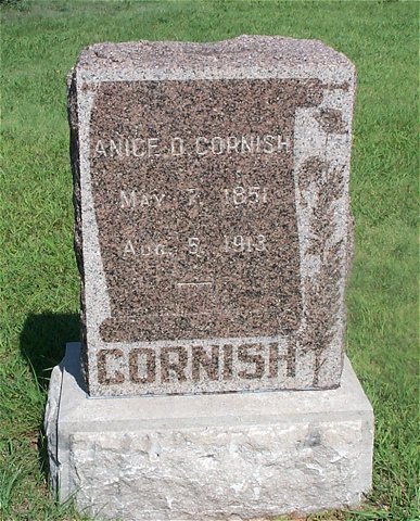 Gravestone for Anice Cornish,

Lake City Cemetery, Barber County, Kansas.

Photo by Kim Fowles.