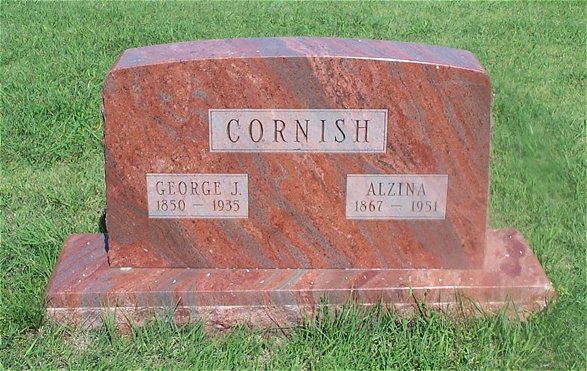Gravestone for George and Alzina Cornish,

Lake City Cemetery, Barber County, Kansas.

Photo by Kim Fowles.