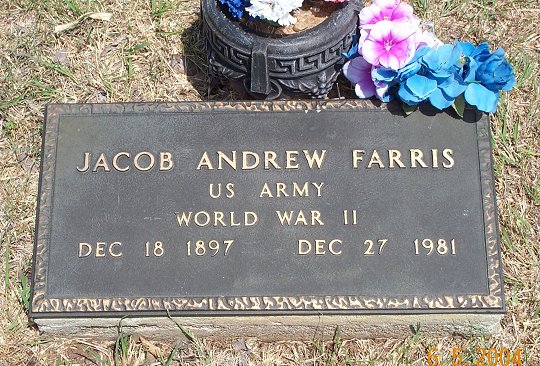 Gravestone for Jacob Andrew Farris,

Sunnyside Cemetery, Sun City, Barber County, Kansas.

Photo by Kim Fowles.