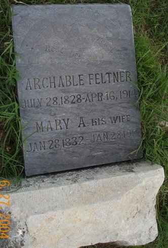 Gravestone for Archable and Mary A. Feltner.

Lake City Cemetery, Barber County, Kansas.

Photo courtesy of Kim Fowles.