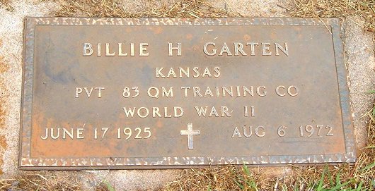 Military grave marker for Billie H. Garten, Sunnyside Cemetery, Sun City, Barber County, Kansas.

Photo courtesy of Bonnie (Garten) Shaffer.