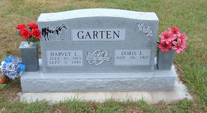 Gravestone for Harvey Lee and Doris Ella (Smith) Garten, Sunnyside Cemetery, Sun City, Barber County, Kansas. 

Photo courtesy of Bonnie (Garten) Shaffer.