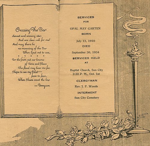 Funeral card: Opal M. Garten,  
Sun City, Barber County, Kansas.

Courtesy of Bonnie (Garten) Shaffer.
