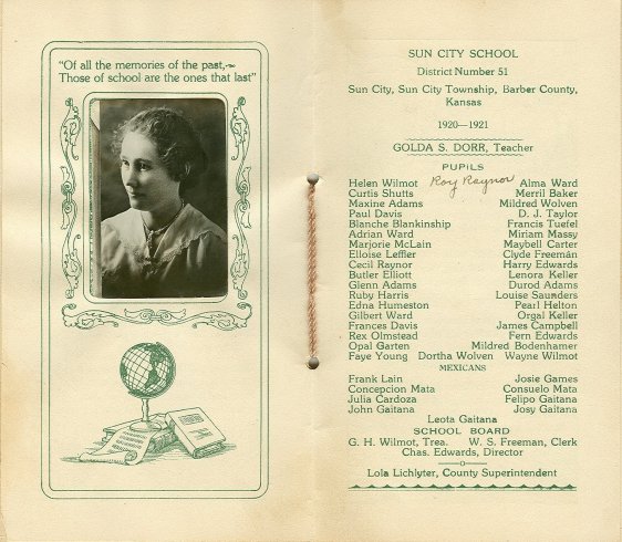Opal Garten's High School Graduation Folder, 1920 -1921.
  
Sun City, Barber County, Kansas.

Courtesy of Bonnie (Garten) Shaffer.