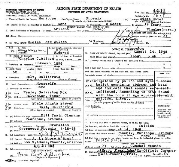 Death certificate for Eloise Fox Wilson