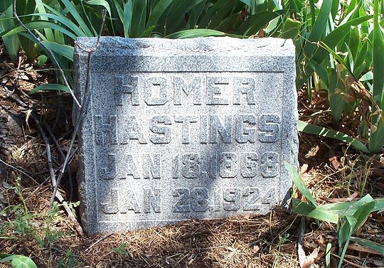 Gravestone for Homer Hastings,

Sunnyside Cemetery, Sun City, Barber County, Kansas.

Photo by Kim Fowles.