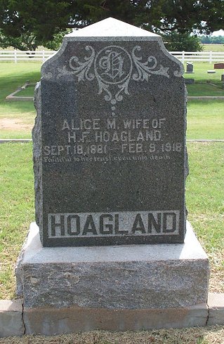Gravestone for Alice Marian (Rowley) Hoagland,

Sunnyside Cemetery, Sun City, Barber County, Kansas.

Photo by Kim Fowles.