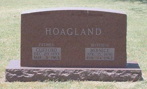 Gravestone for Clifford Raymond Hoagland and Laura Bernice (Lott) Hoagland,

Sunnyside Cemetery, Sun City, Barber County, Kansas.

Photo by Kim Fowles.