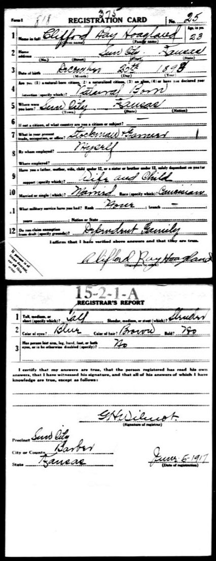 WWI Draft Registration card for Clifford Ray Hoagland of Sun City, Barber County, Kansas.