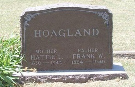 Gravestone for Frank Walker Hoagland and Hattie Lee (Owens) Hoagland,

Sunnyside Cemetery, Sun City, Barber County, Kansas.

Photo by Kim Fowles.