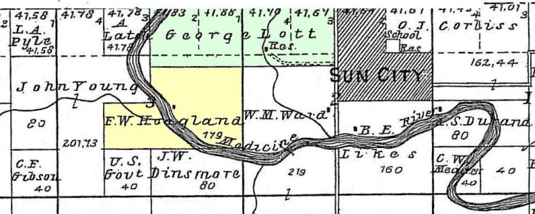 Frank Hoagland's land west of Sun City. Township 31 South, Range XV West of the 6th P.M., Standard Atlas of Barber County, Kansas. Published 1905.

Note that his land adjoined George Lott's land.

Map from the collection of Kim (Hoagland) Fowles.