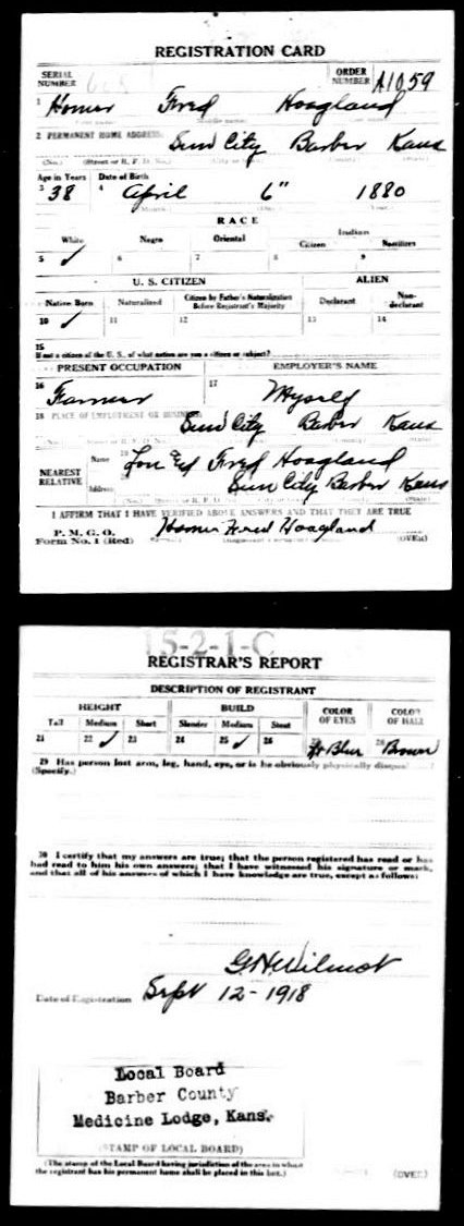 WWI Draft Registration card for Homer Fred Hoagland of Sun City, Barber County, Kansas.