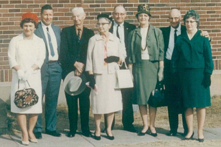 Back row, left to right:  Ralph Hoagland, Homer Hoagland, Lon Hoagland, Fred Hoagland.

Front row, left to right: Maudine Reipe Hoagland, Lenora (Coles)
Hoagland, Alma (Barnard) Hoagland, Elizabeth (Covington) Hoagland.

Thanksgiving Day, 1965.  

Photo from the collection of Elizabeth (Covington) Hoagland, courtesy of Kim Fowles.