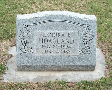 Gravestone of Lenora B. Hoagland, second wife of Homer F. Hoagland, Sunnyside Cemetery, Sun City, Barber County, Kansas.

Photo courtesy of Kim Fowles.
