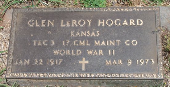 Gravemarker for Glen LeRoy Hogard, Sunnyside Cemetery, Sun City, Barber County, Kansas.

Photo courtesy of Kim Fowles.