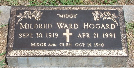 Gravemarker for Mildred Ward Hogard, Sunnyside Cemetery, Sun City, Barber County, Kansas.

Photo courtesy of Kim Fowles.