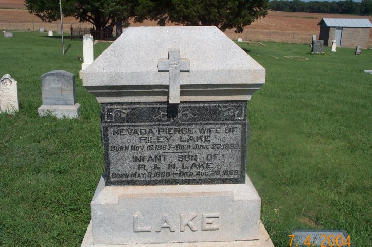 Gravestone for Nevada Jane (Pierce) Lake,

Lake City Cemetery, Barber County, Kansas.

Photo by Kim Fowles.
