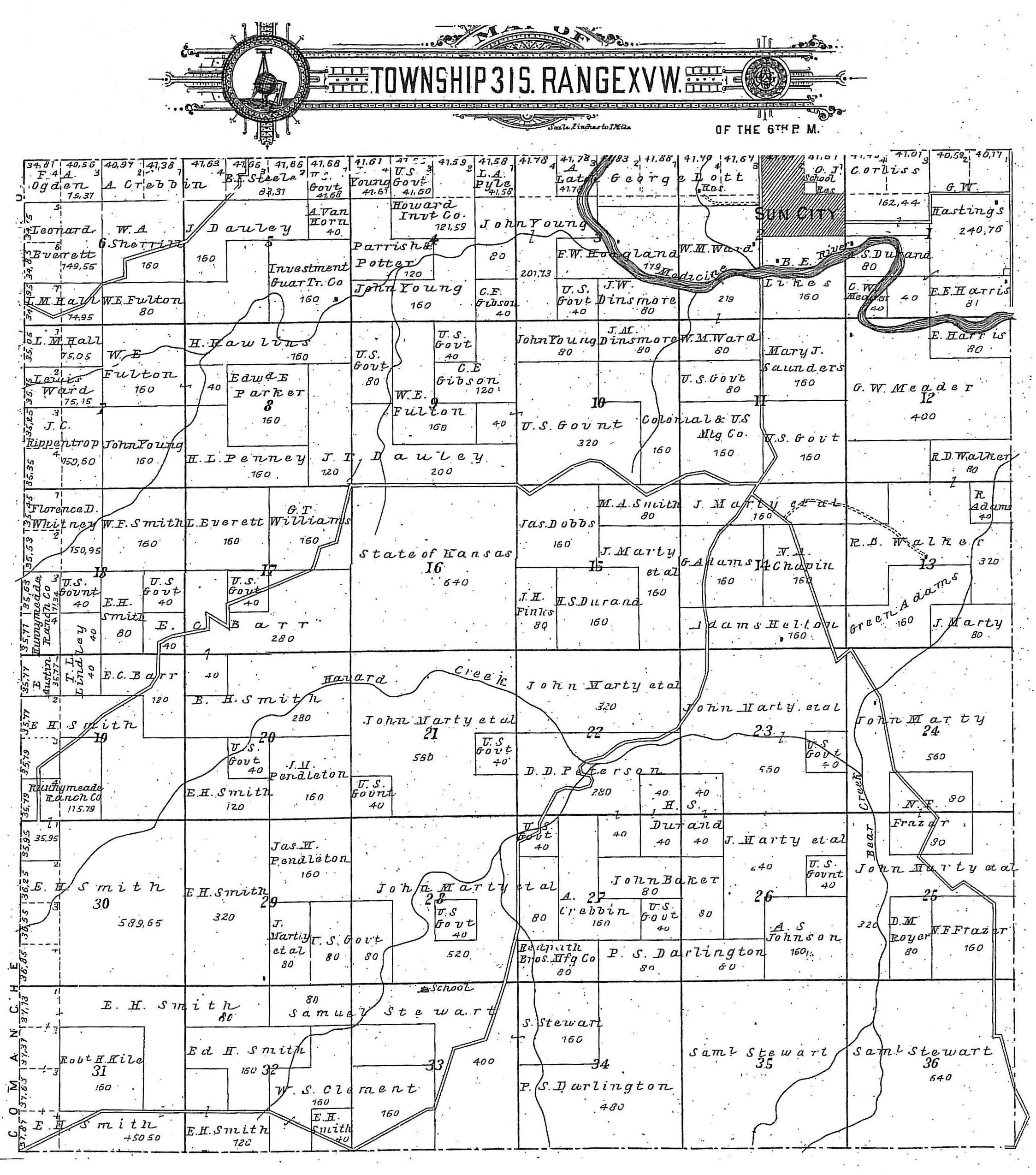 Township 31 S., Range XV West of the 6th P.M., G.A. Ogle 1905 Map, Barber County, Kansas.

Map courtesy of Kimberly (Hoagland) Fowles.