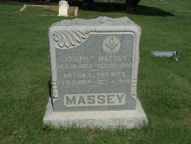 Gravestone for Joseph P. and Artha L. Massey,

Lake City Cemetery, Barber County, Kansas.

Photo by Kim Fowles.