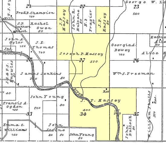 Land owned by J.P. Massey in Barber County, Kansas.

Detail from Map of Township 30 South, Range XV West of the 5th P.M., 1905 atlas.

Map courtesy of Kim Fowles.
