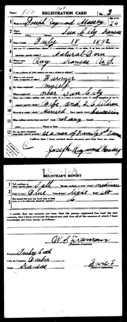WWI Draft Registration card for Joseph Raymond Massey of Sun City, Barber County, Kansas.