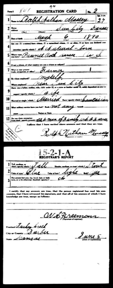 WWI Draft Registration card for Ralph Nathan Massey of Sun City, Barber County, Kansas.