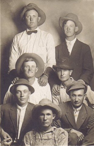 Left to right, top row: Ralph Massey, Bruce Adams.

Middle row: Ray Massey, Harold Urton.

Bottom row: Lyle Bullock, Van Lott.

Center front: Wesley Urton. 

Photo courtesy of Kim Fowles.