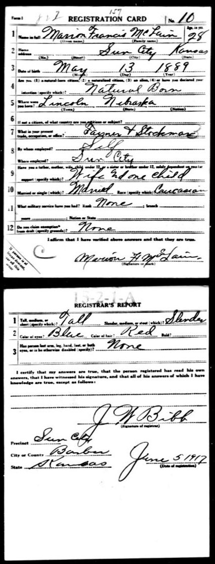 WWI Draft Registration card for Marion Francis McClain of Sun City, Barber County, Kansas.